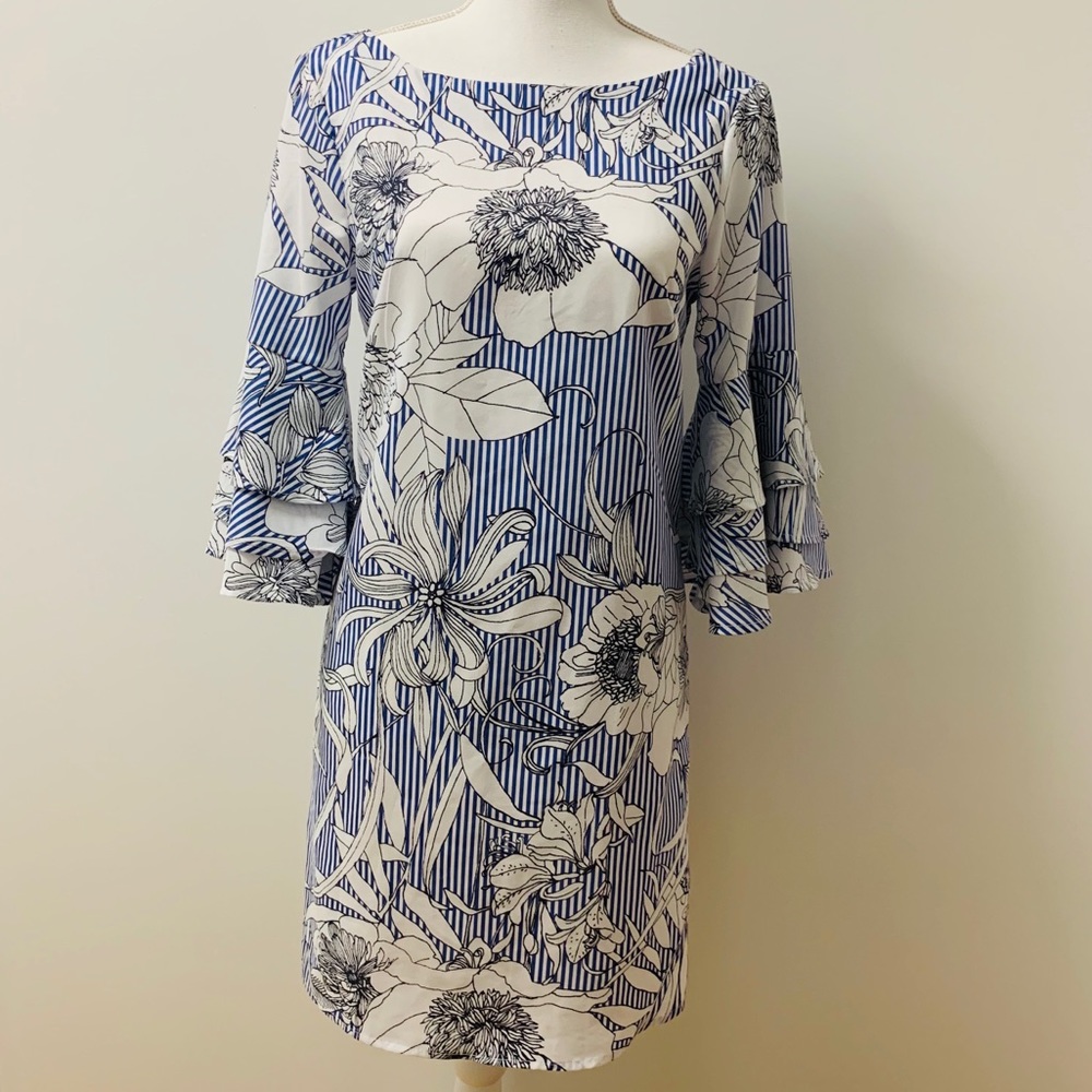 Vertical Striped Florals Tiered Flute Sleeve Dress